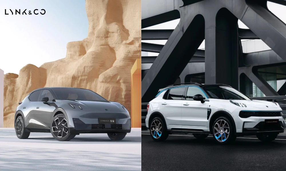 Side-by-side view of the Lynk & Co 02 E-SUV and 01 PHEV, showcasing smart technology cars for new generation mobility.