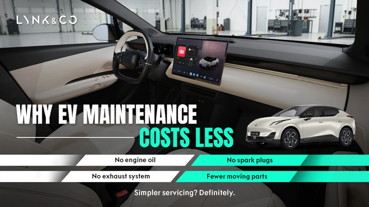 Infographic explaining why EV maintenance costs less, featuring the 02 E-SUV exterior and smart technology car interior.