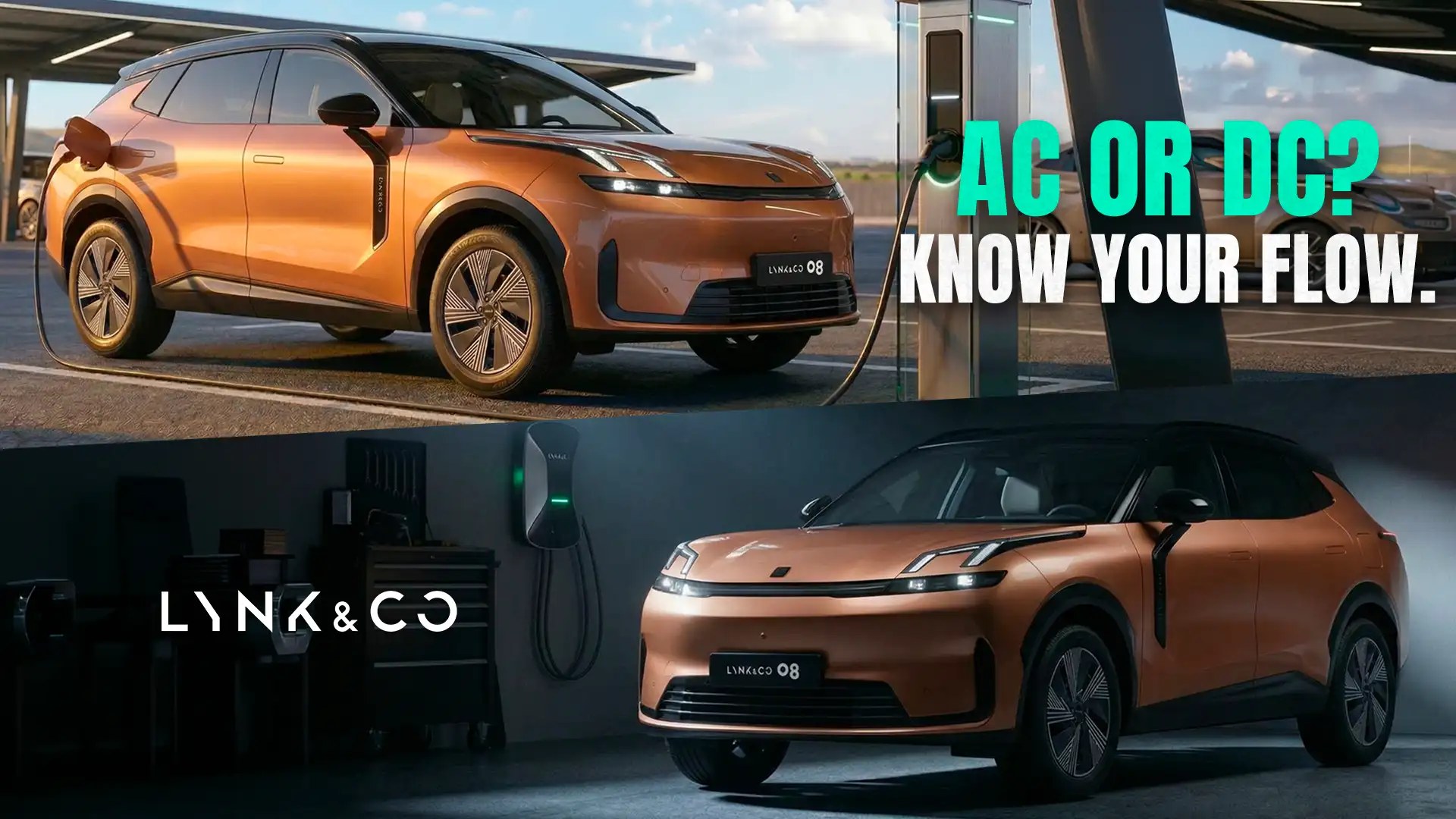 A composite image of a bronze Lynk & Co 08 EM-P connected SUV charging outdoors and indoors.