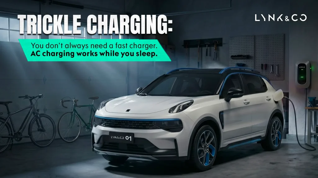 A white Lynk & Co 01 PHEV charging in a garage, demonstrating AC charging for premium electrified vehicles.