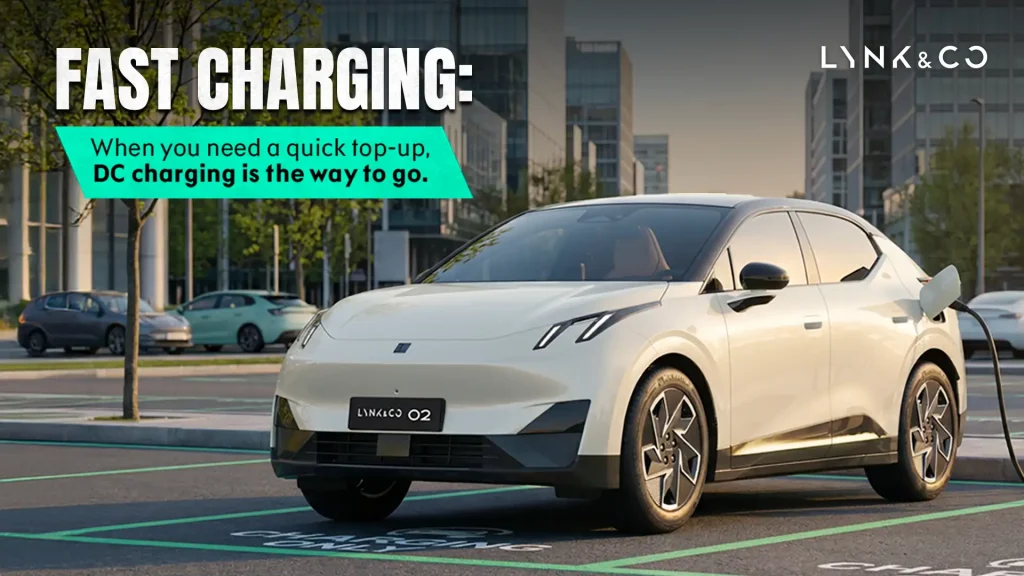 White Lynk & Co 02 E-SUV fast-charging in the city, representing new generation mobility and quick DC top-ups.