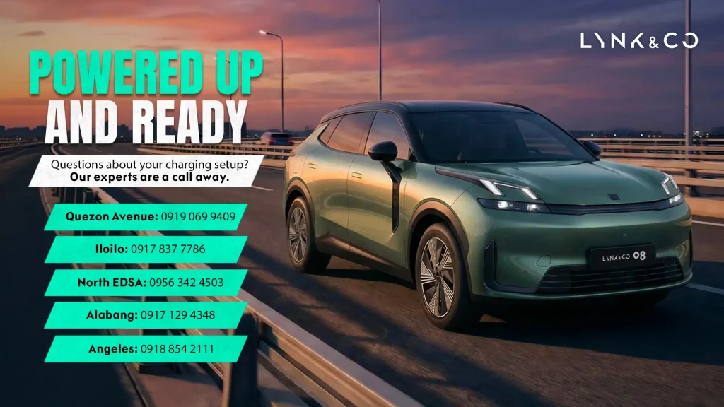 The Lynk & Co 08 on a highway, featuring contact details for charging setup assistance.