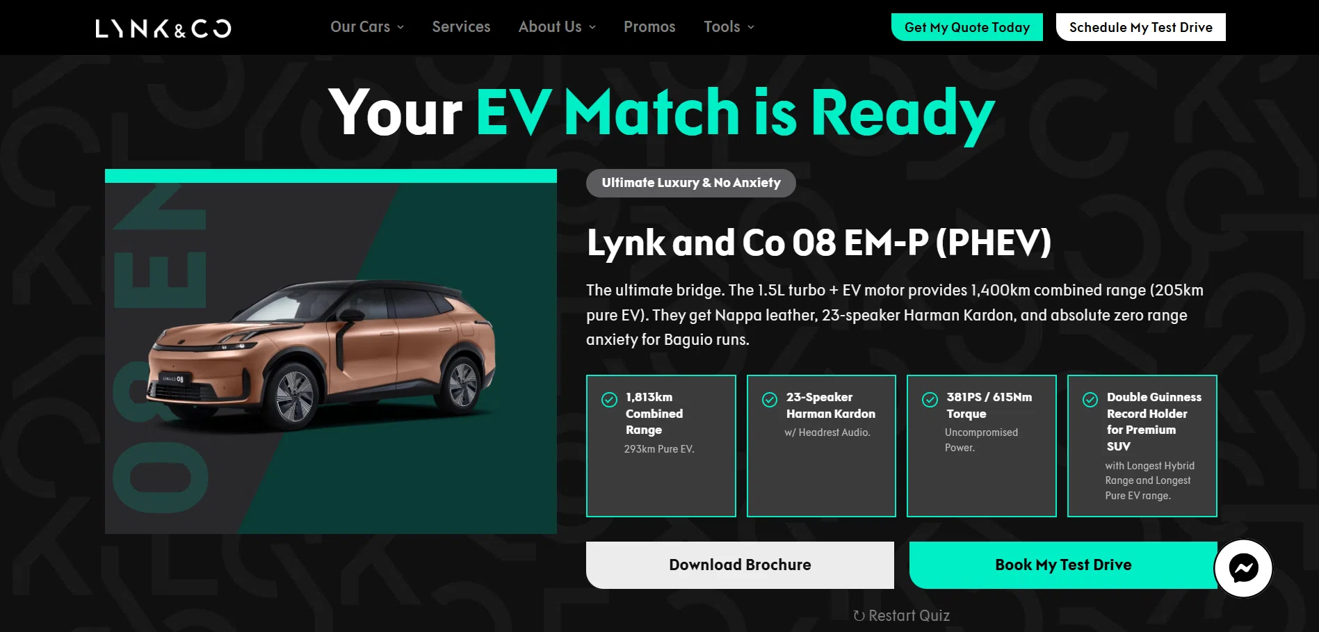 The Lynk & Co 08 EM-P featured as a match on the EV Lifestyle Configurator Tool, highlighting its leading range.